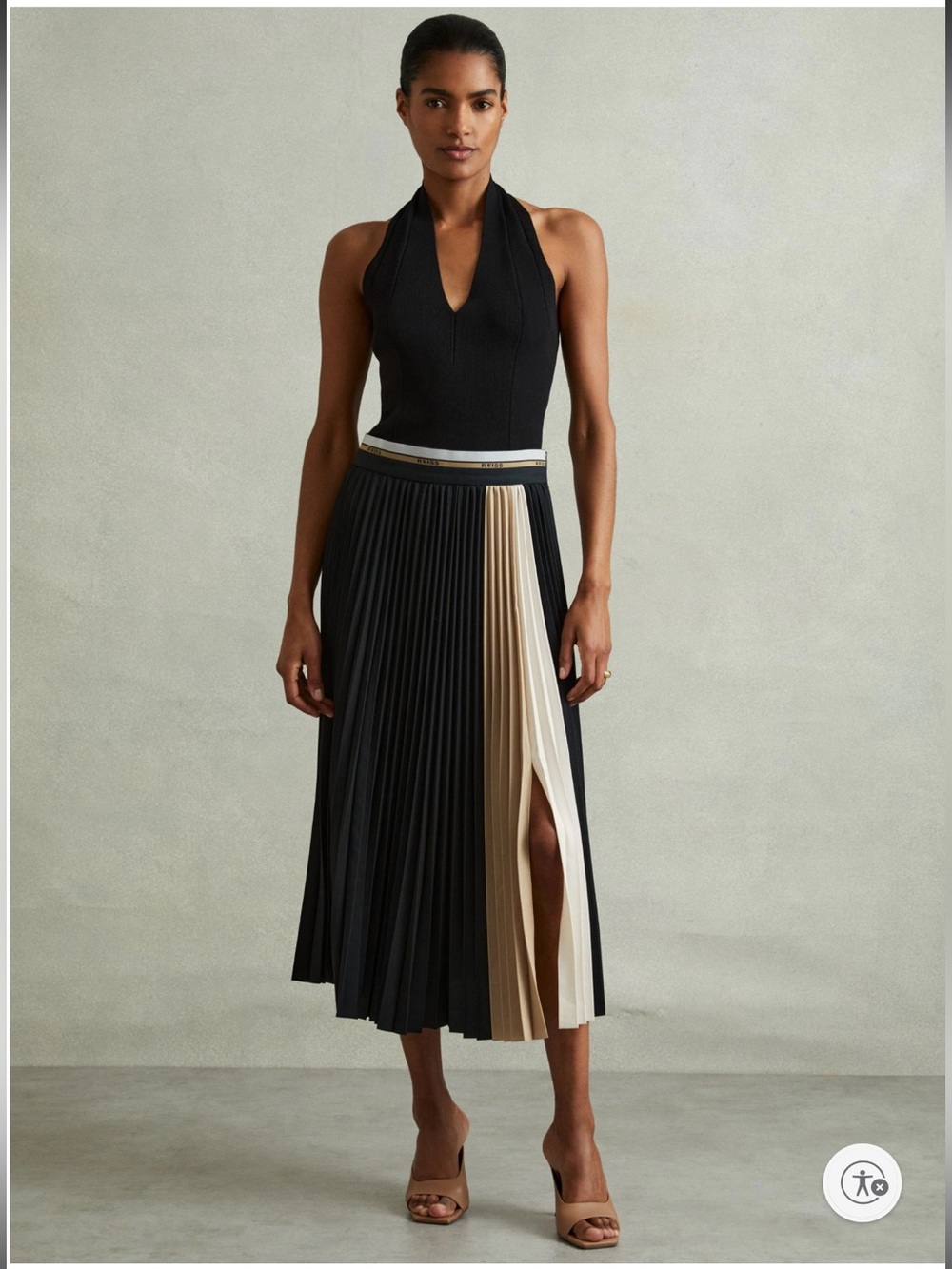 Reiss Iris Black Pleated Waistband Detail Midi Skirt with Cream & Tan Panels NWT